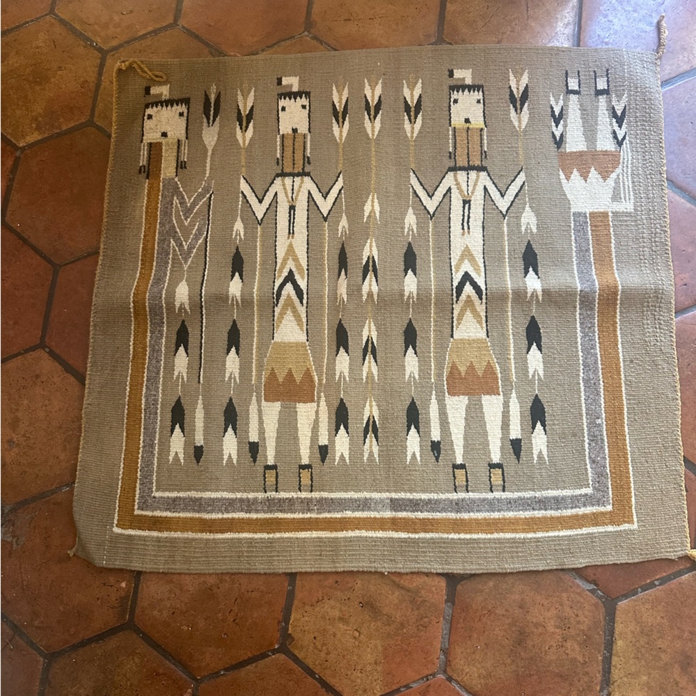 Vintage YEI figural Wool rug blanket Wall Hanging in Tan, Cream & Black